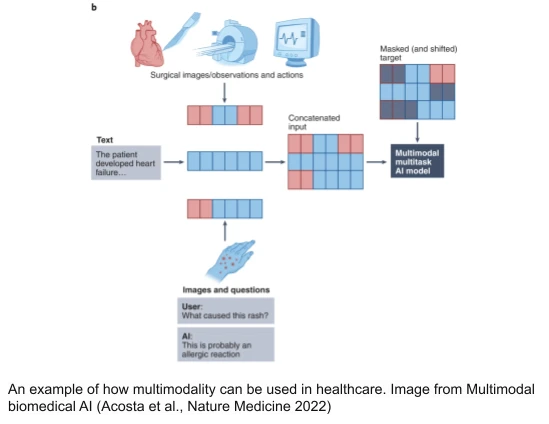 An example of how multimodality can be used in healthcare. Image from Multimodal biomedical AI (Acosta et al., Nature Medicine 2022)